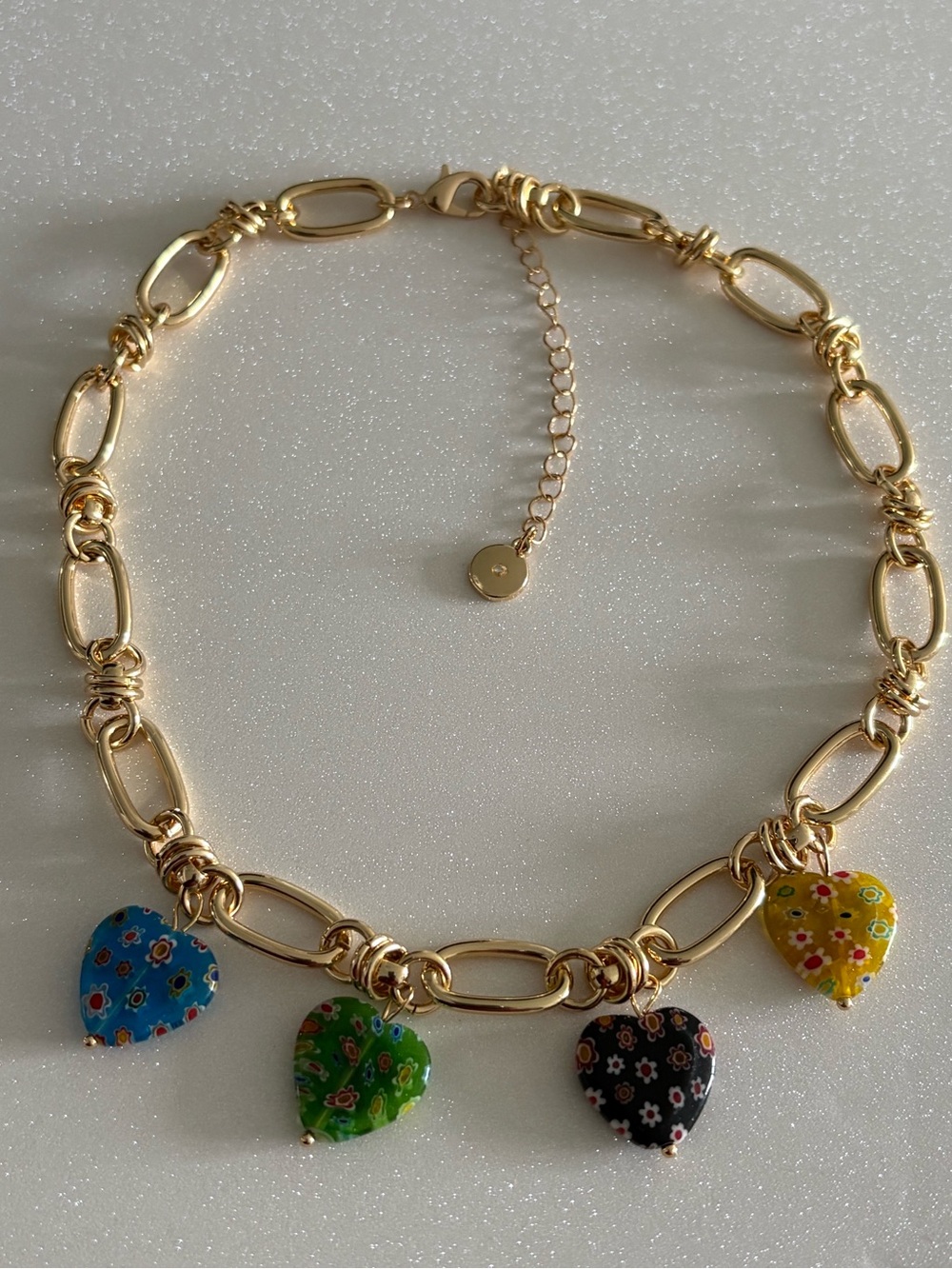 Gold Chain Necklace with Multicolor Heart Charms Adjustable 20”.